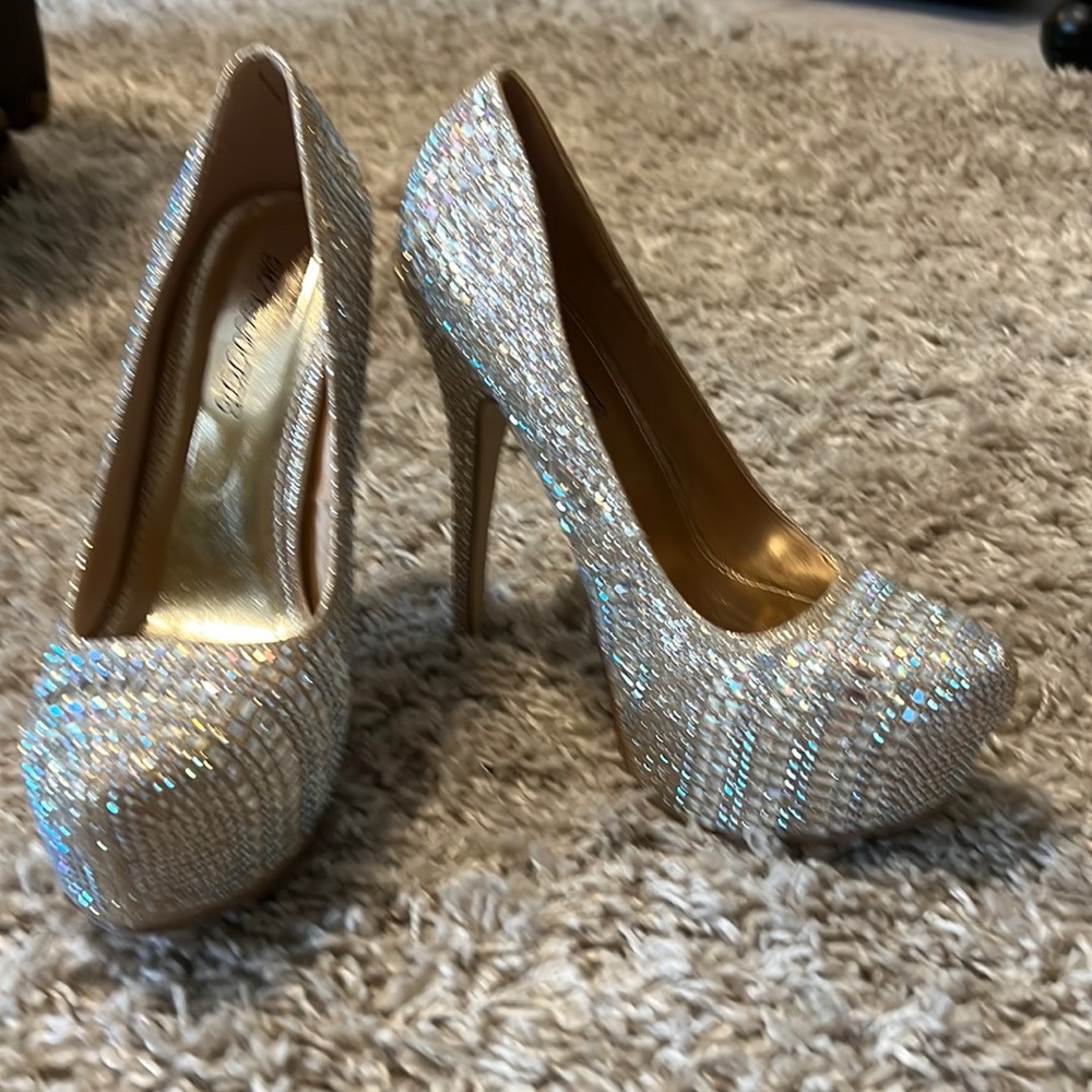 Stunning Gold heels with Rainbow Color Rhinestones